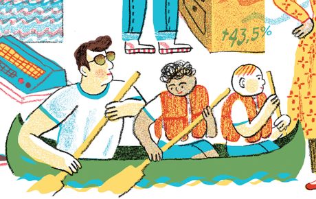 Illustration of 8 students in their summer jobs.